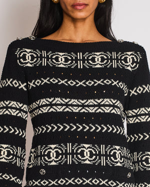 Chanel Black and White Logo Print Sweater with Silver CC logo Button Detail Size FR 36 (UK 8)