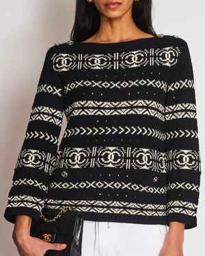 Chanel Black and White Logo Print Sweater with Silver CC logo Button Detail Size FR 36 (UK 8)