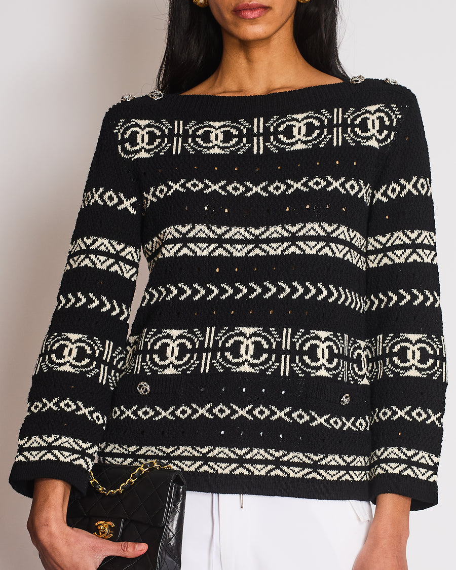 Chanel Black and White Logo Print Sweater with Silver CC logo Button Detail Size FR 36 (UK 8)