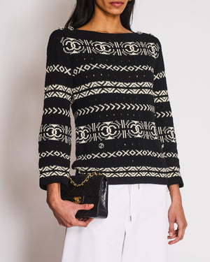 Chanel Black and White Logo Print Sweater with Silver CC logo Button Detail Size FR 36 (UK 8)