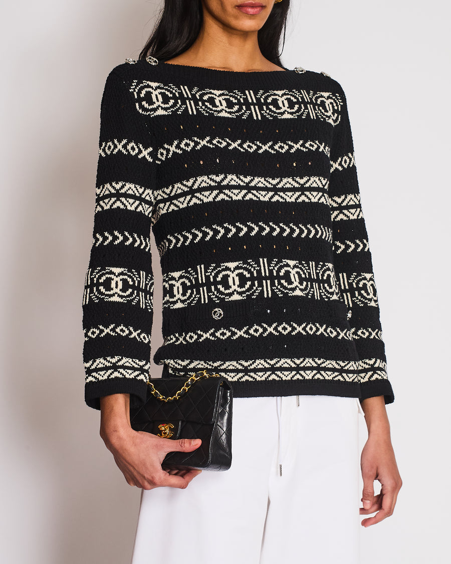 Chanel Black and White Logo Print Sweater with Silver CC logo Button Detail Size FR 36 (UK 8)