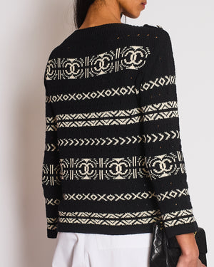 Chanel Black and White Logo Print Sweater with Silver CC logo Button Detail Size FR 36 (UK 8)