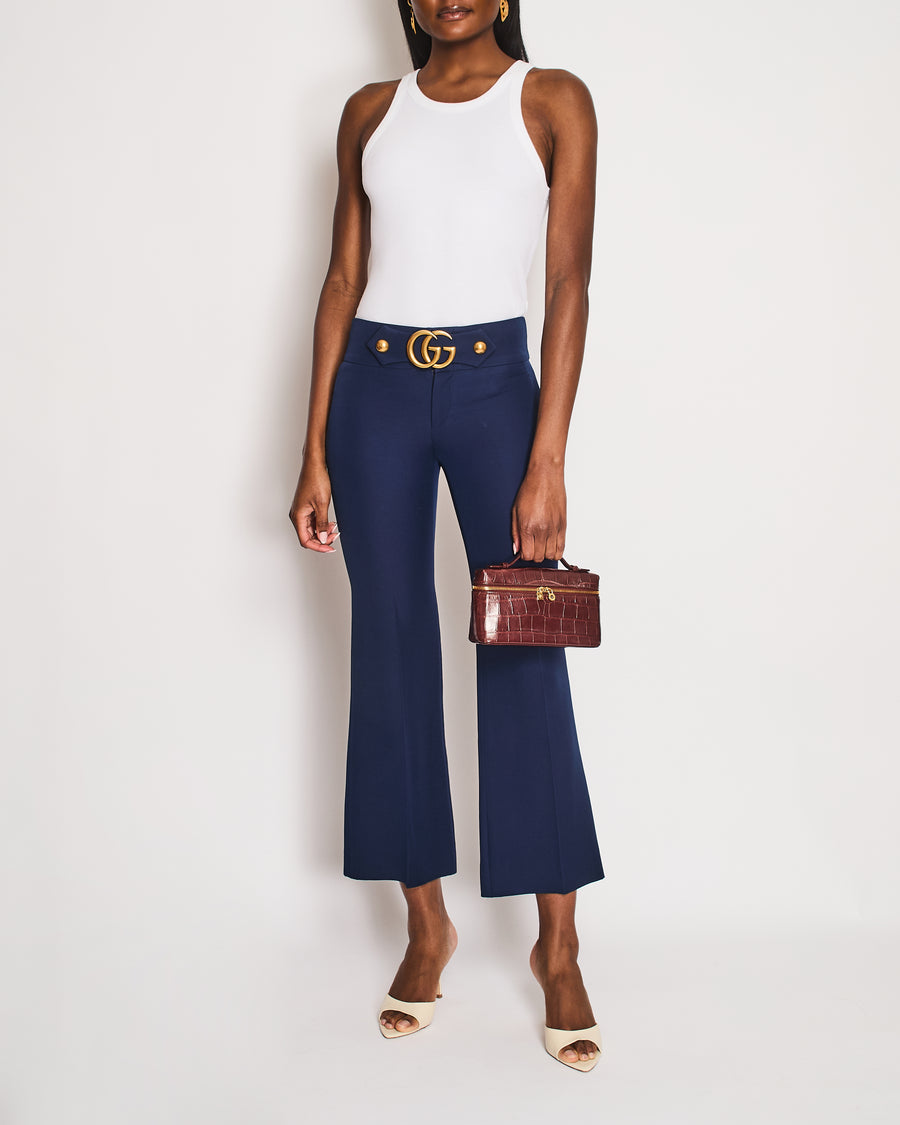 Gucci Navy Marmont Flared Low Rise Trousers with Logo Buckle IT 36 (UK 4)