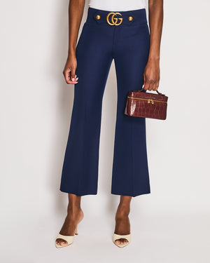 Gucci Navy Marmont Flared Low Rise Trousers with Logo Buckle IT 36 (UK 4)