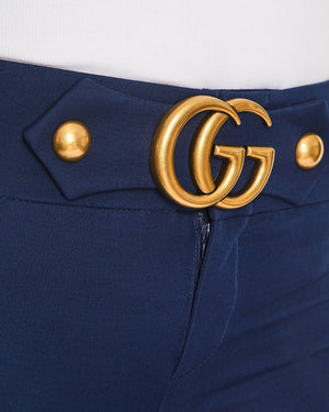 Gucci Navy Marmont Flared Low Rise Trousers with Logo Buckle IT 36 (UK 4)