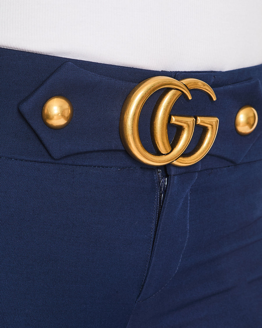 Gucci Navy Marmont Flared Low Rise Trousers with Logo Buckle IT 36 (UK 4)