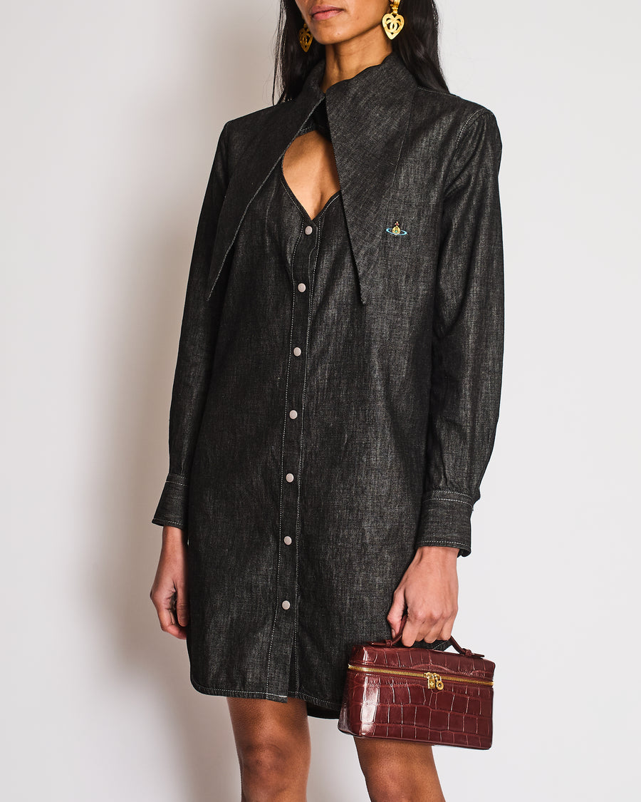 Vivienne Westwood Washed Black Denim Shirt Dress with Exaggerated Collar and Embroidered Logo Size IT 38 (UK 6)
