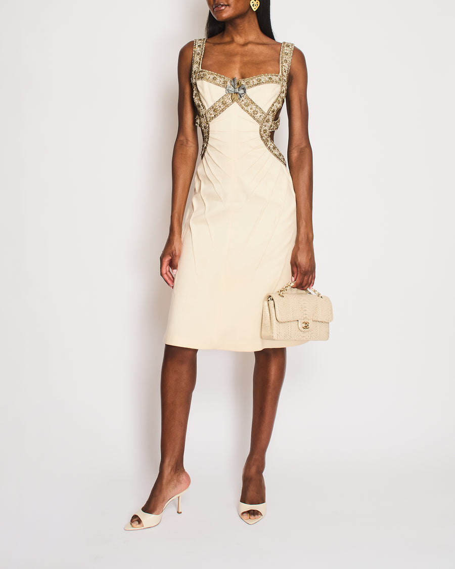 *RARE* Alexander McQueen Archive Fall/Winter 2003 Ivory A-Line Dress with Embellished Neckline Detail Size IT 38 (UK 6)