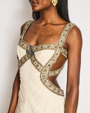 *RARE* Alexander McQueen Archive Fall/Winter 2003 Ivory A-Line Dress with Embellished Neckline Detail Size IT 38 (UK 6)