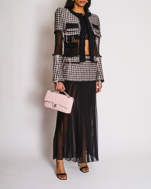 Balmain Pink Tweed Glitter Checkered Jacket with Silk Panel and Matching Skirt Set Size FR 36 (UK 8)