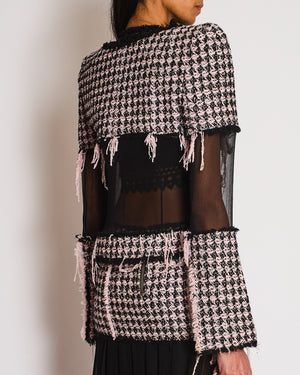 Balmain Pink Tweed Glitter Checkered Jacket with Silk Panel and Matching Skirt Set Size FR 36 (UK 8)