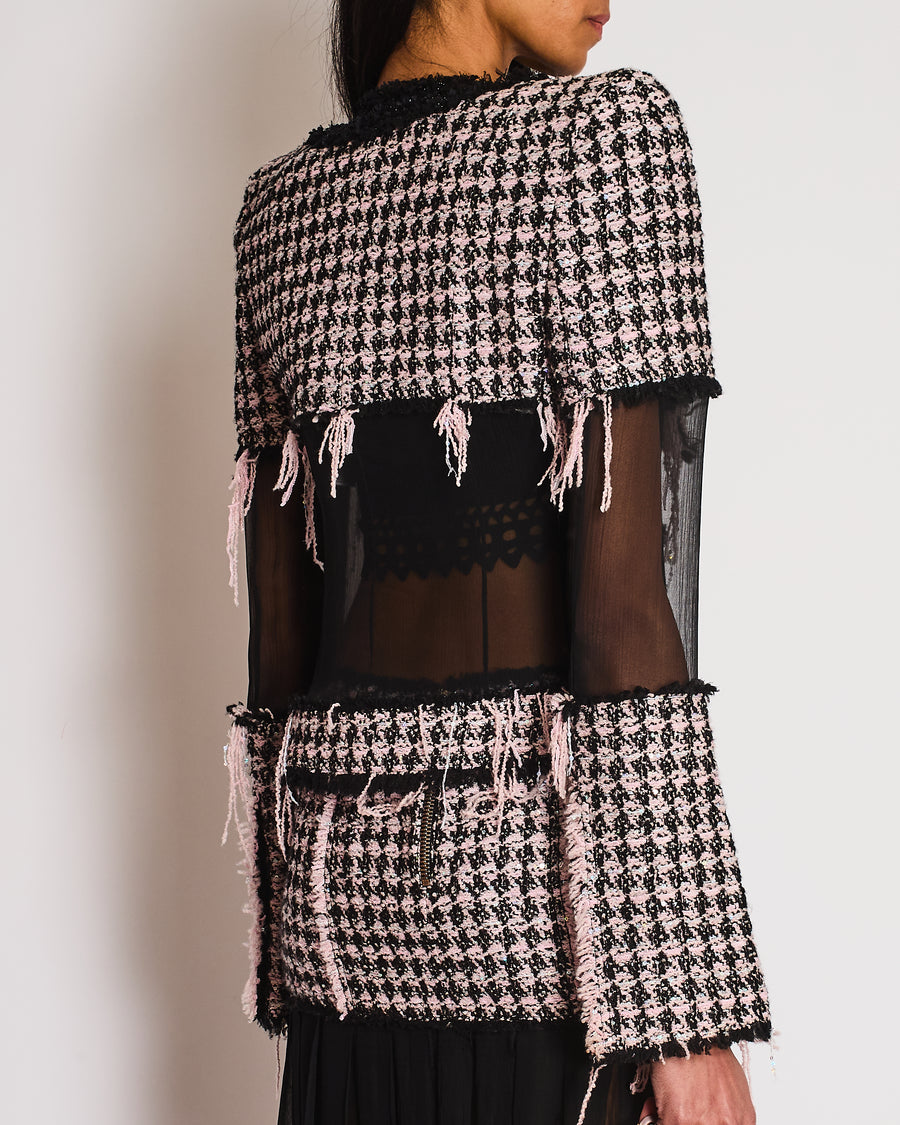 Balmain Pink Tweed Glitter Checkered Jacket with Silk Panel and Matching Skirt Set Size FR 36 (UK 8)