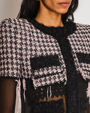 Balmain Pink Tweed Glitter Checkered Jacket with Silk Panel and Matching Skirt Set Size FR 36 (UK 8)