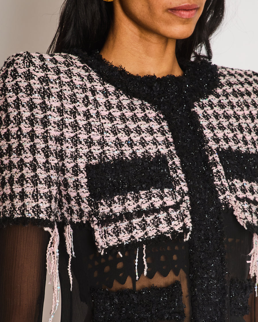 Balmain Pink Tweed Glitter Checkered Jacket with Silk Panel and Matching Skirt Set Size FR 36 (UK 8)
