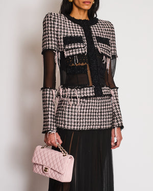 Balmain Pink Tweed Glitter Checkered Jacket with Silk Panel and Matching Skirt Set Size FR 36 (UK 8)