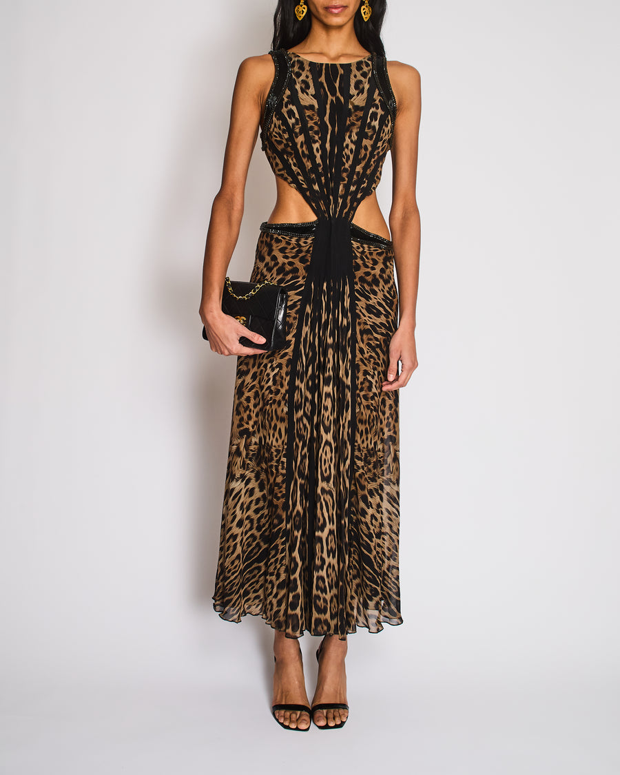 Roberto Cavalli Brown and Black Leopard Print Cutout Silk Maxi Dress w –  Sellier