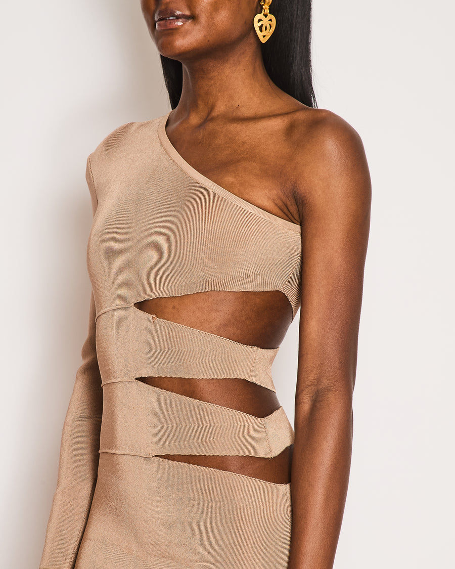 Balmain Beige One-Shoulder Body Con Maxi Dress with Cut-Out Detail Size FR 38 (UK 10)
