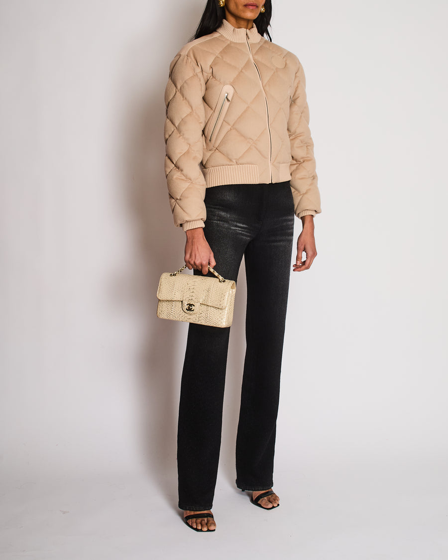 Hermès Beige Quilted Cropped Bomber Jacket with Leather Logo Detail Size FR 34 (UK 6)