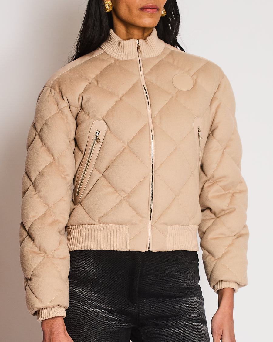 Hermès Beige Quilted Cropped Bomber Jacket with Leather Logo Detail Size FR 34 (UK 6)