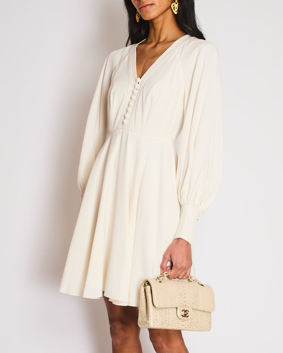 Zimmermann White Long Sleeve V-Neck Midi Dress with Button Detail Size 0 (UK 8)