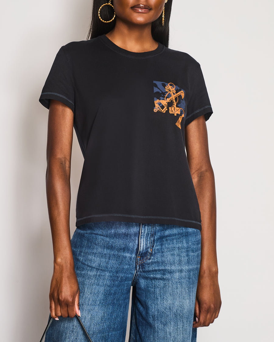 Hermès T-Shirt in Bleu Noir with "Les Clefs" Print in Size FR 38 (UK 10)