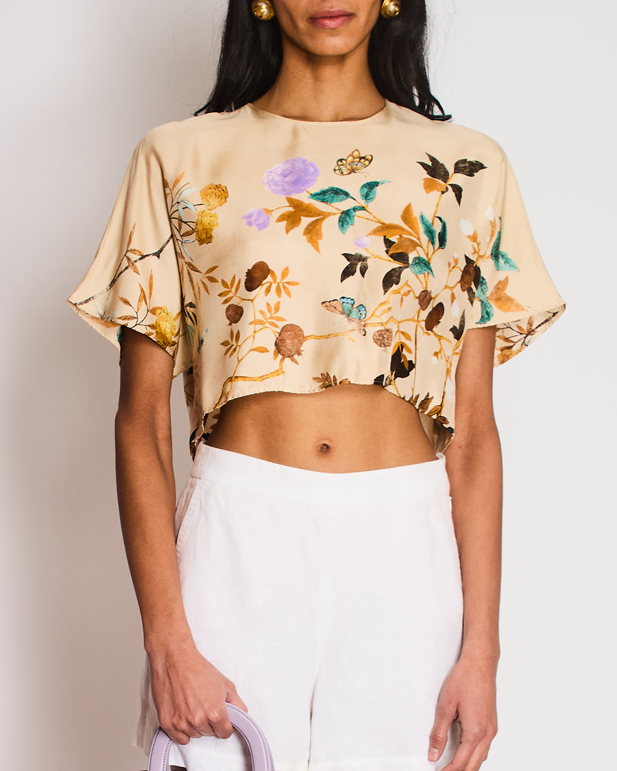 Gucci Beige GG Silk Floral Printed Cropped Top Size IT 42 (UK 10)