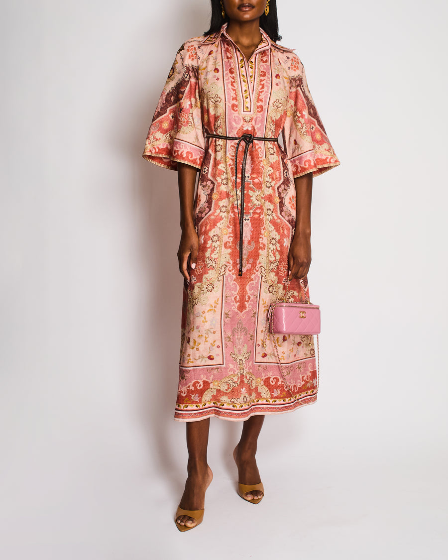 Zimmermann Wylie Pink Motif Printed V Neck Linen Belted Midi Dress with a Belt Size 0 (UK 8)
