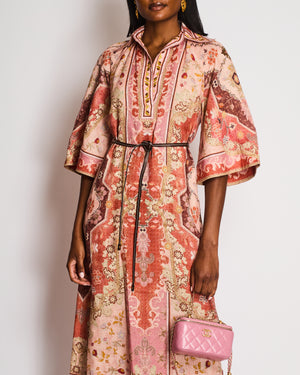 Zimmermann Wylie Pink Motif Printed V Neck Linen Belted Midi Dress with a Belt Size 0 (UK 8)