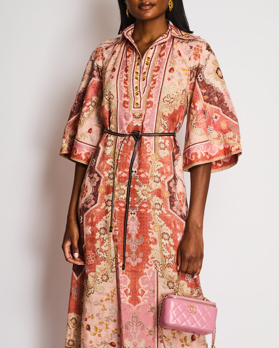 Zimmermann Wylie Pink Motif Printed V Neck Linen Belted Midi Dress with a Belt Size 0 (UK 8)
