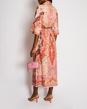 Zimmermann Wylie Pink Motif Printed V Neck Linen Belted Midi Dress with a Belt Size 0 (UK 8)