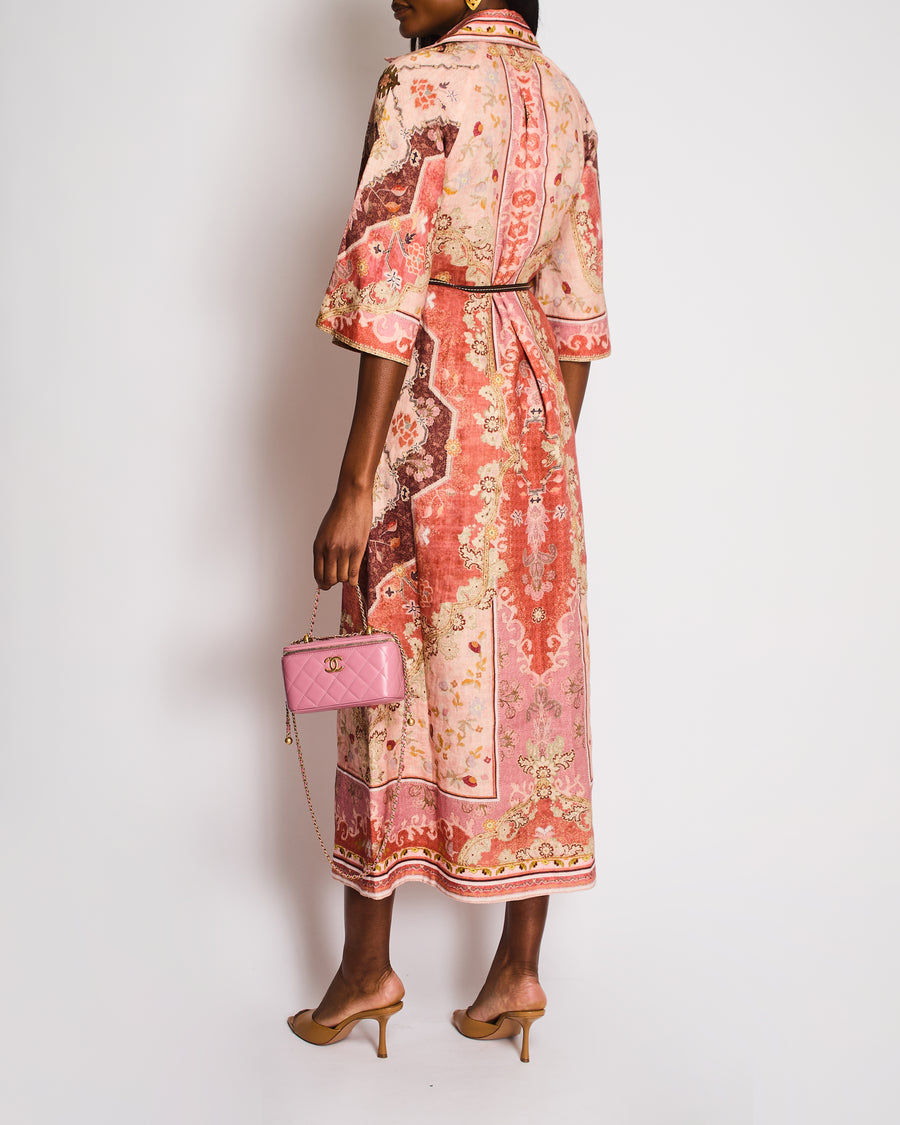 Zimmermann Wylie Pink Motif Printed V Neck Linen Belted Midi Dress with a Belt Size 0 (UK 8)