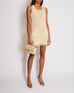 Chanel Beige Knitted Sleeveless Dress with Camellia Button Pocket Detail Size FR 34 (UK 6)