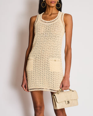 Chanel Beige Knitted Sleeveless Dress with Camellia Button Pocket Detail Size FR 34 (UK 6)