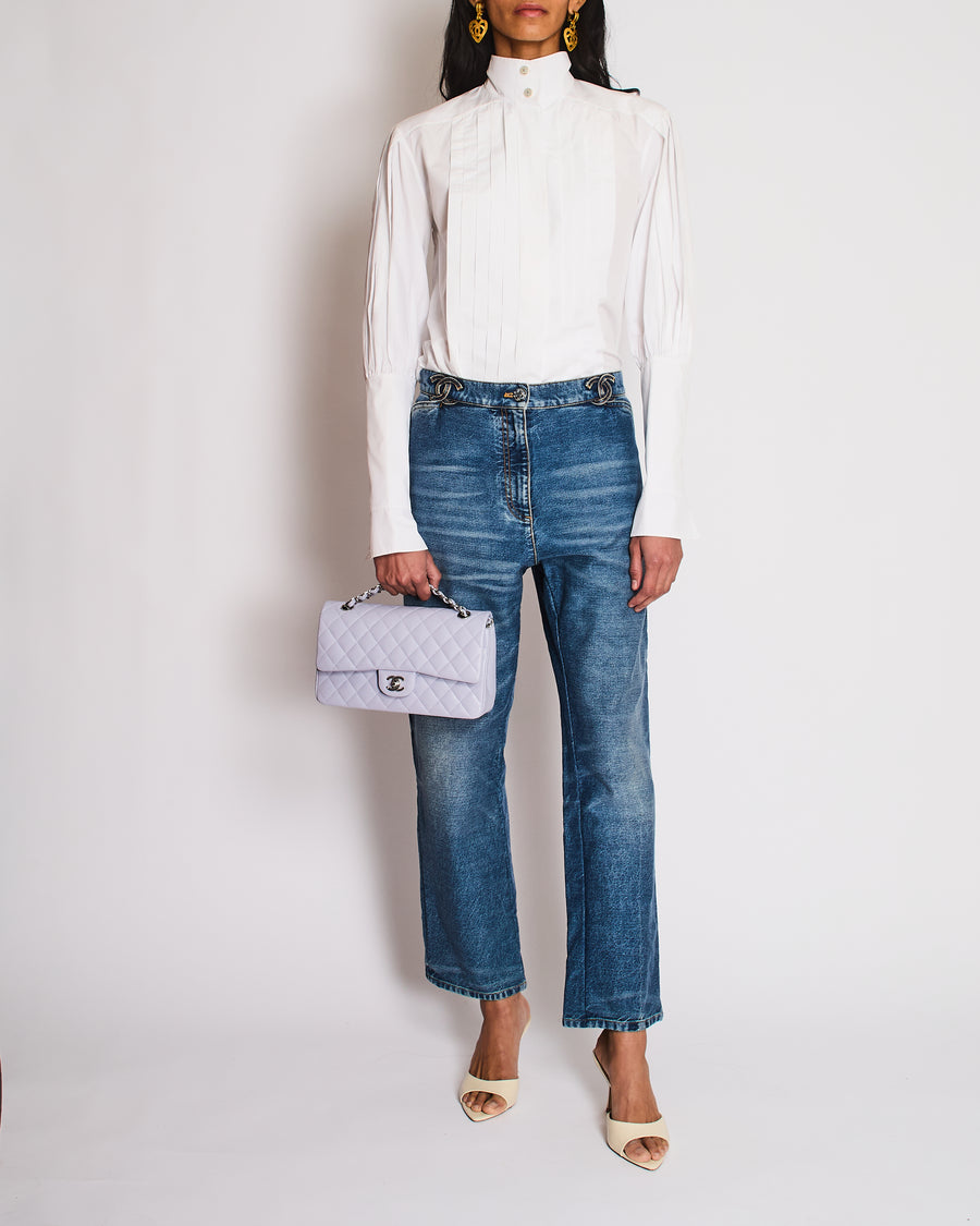 Chanel White Cotton Shirt with Pleated Details at the Front and on the Sleeves and Camellia Button Size FR 34 (UK 6)
