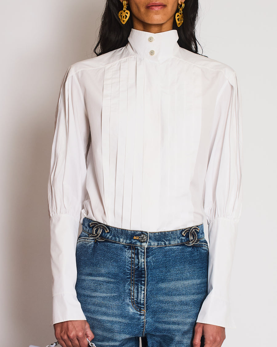 Chanel White Cotton Shirt with Pleated Details at the Front and on the Sleeves and Camellia Button Size FR 34 (UK 6)