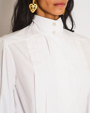 Chanel White Cotton Shirt with Pleated Details at the Front and on the Sleeves and Camellia Button Size FR 34 (UK 6)