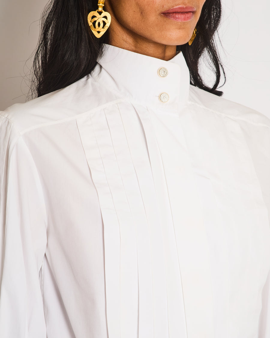 Chanel White Cotton Shirt with Pleated Details at the Front and on the Sleeves and Camellia Button Size FR 34 (UK 6)