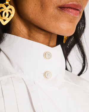 Chanel White Cotton Shirt with Pleated Details at the Front and on the Sleeves and Camellia Button Size FR 34 (UK 6)