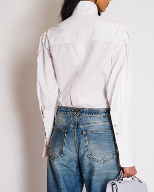 Chanel White Cotton Shirt with Pleated Details at the Front and on the Sleeves and Camellia Button Size FR 34 (UK 6)