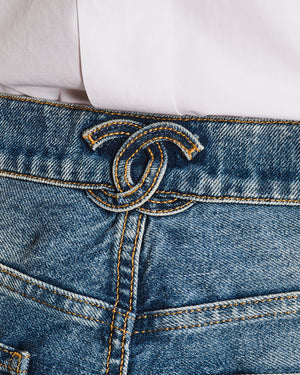 Chanel 24/S Blue Denim Straight Leg Jeans With CC Logo Along the Waistband and Camelia Button Detail Size 42 (UK 14)