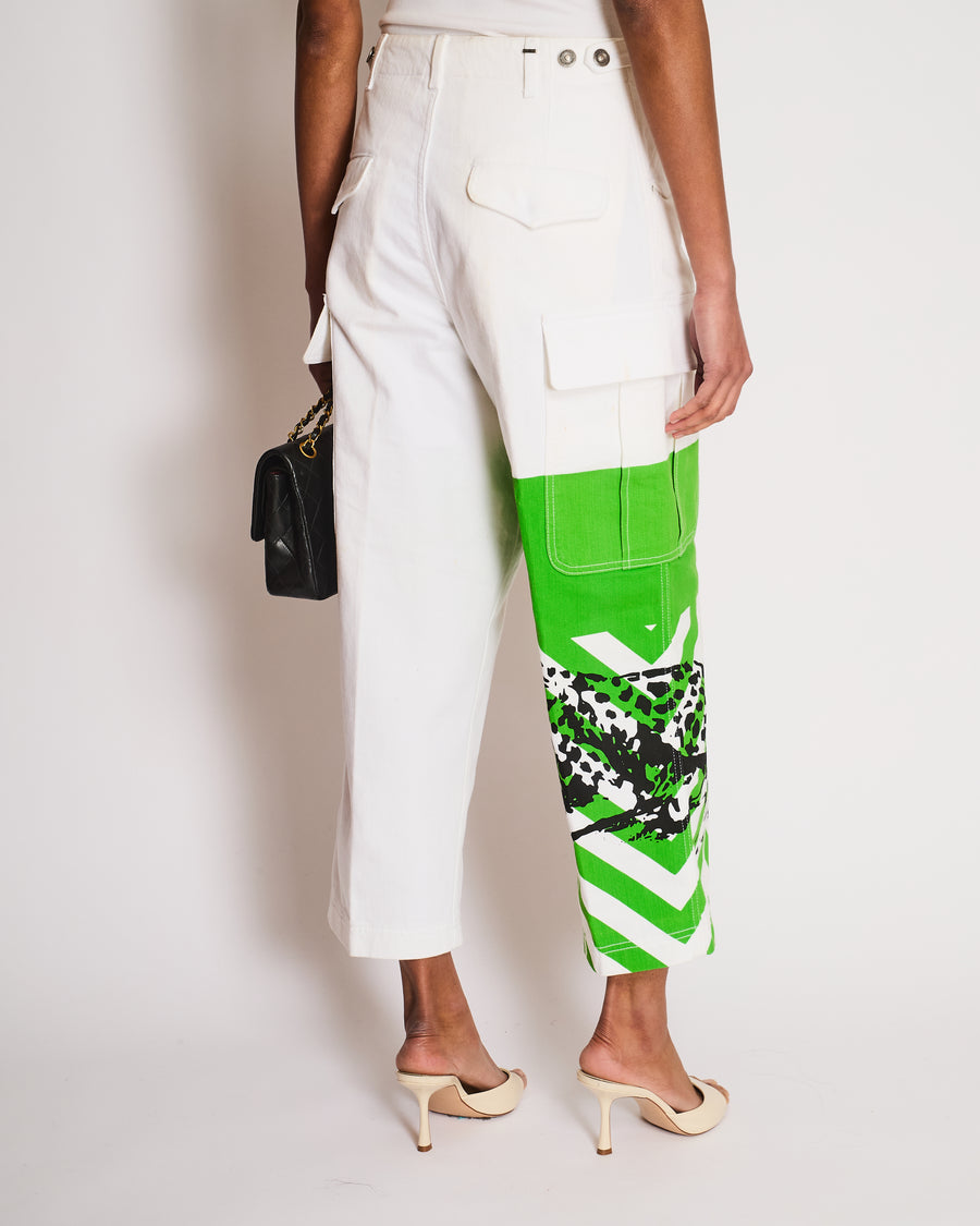 Christian Dior SS22 White Cargo Pants with Green, Orange and Cheetah Print Details Size FR 34 (UK 6)