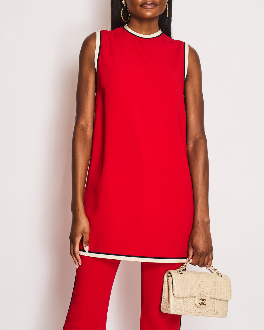 Gucci Red Shift Tunic and Matching Straight-Leg Trousers Set with White and Navy Side Stripe Size IT 40/42 (UK 8/10)