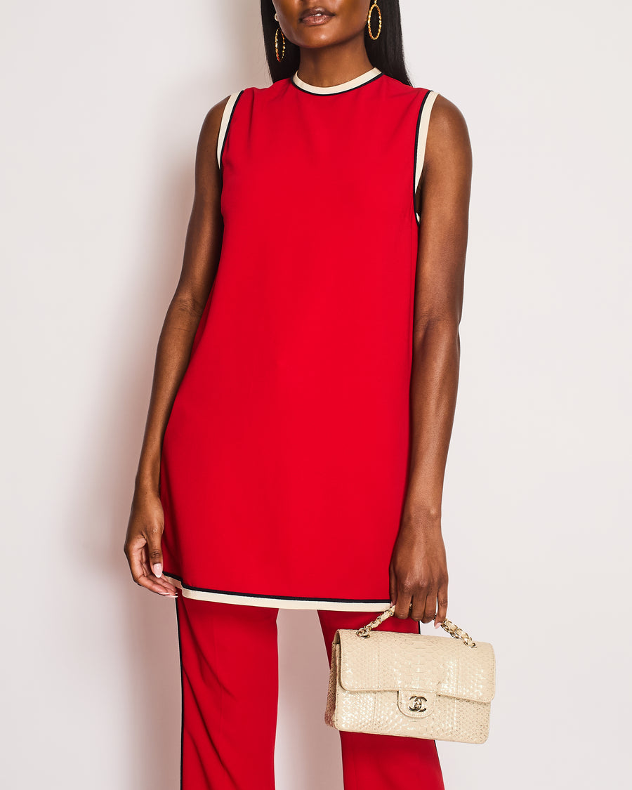 Gucci Red Shift Tunic and Matching Straight-Leg Trousers Set with White and Navy Side Stripe Size IT 40/42 (UK 8/10)