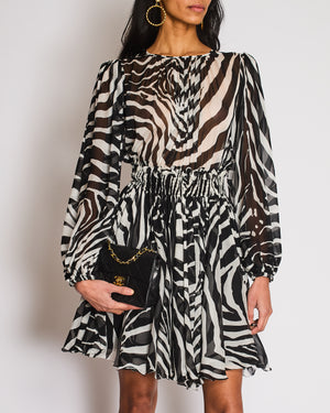 Dolce & Gabbana Black and White Zebra Elasticated Waist Silk Dress with Open Back Size IT 42 (UK 10)