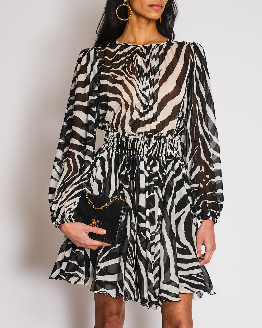 Dolce & Gabbana Black and White Zebra Elasticated Waist Silk Dress with Open Back Size IT 42 (UK 10)