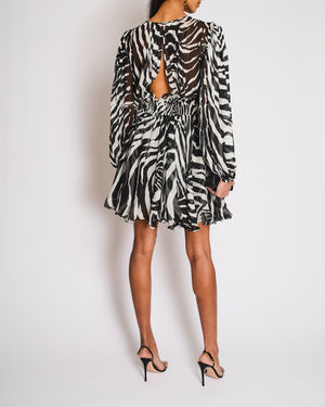 Dolce & Gabbana Black and White Zebra Elasticated Waist Silk Dress with Open Back Size IT 42 (UK 10)