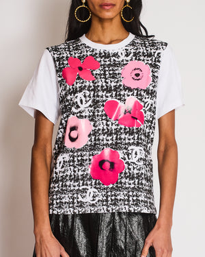 Chanel 24/S Black and White Tweed Effect T-Shirt with Laminate Pink Flowers Size M (UK 10)
