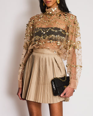 Valentino Sheer Beige High-Neck Top with Sequin Embellishments Size IT 40 (UK 8)