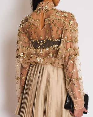 Valentino Sheer Beige High-Neck Top with Sequin Embellishments Size IT 40 (UK 8)
