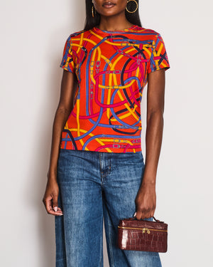 Hermes Orange T-Shirt with Multi-Coloured Belt and Buckle Print Size FR 38 (UK 10)
